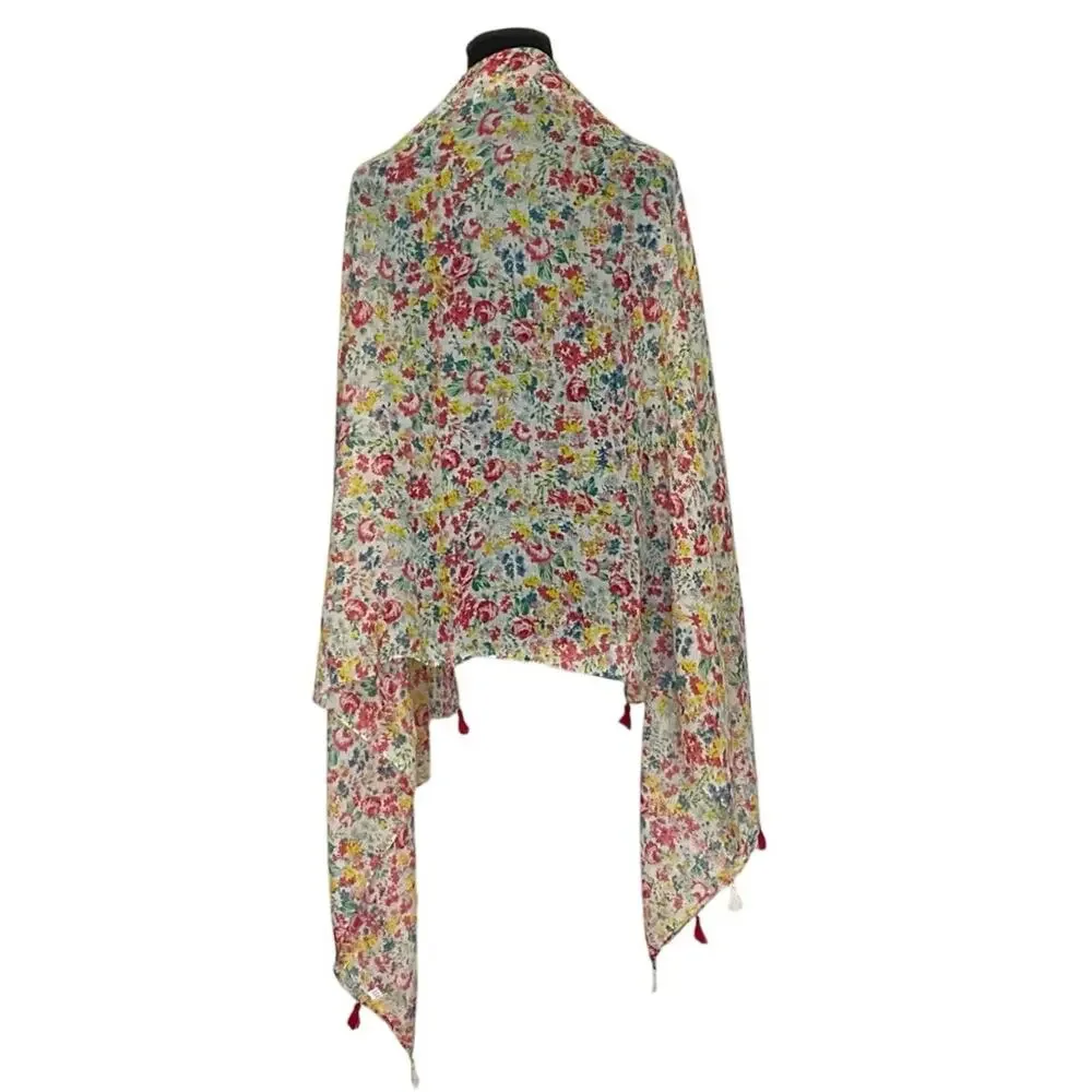 Women’s Floral Tassel Scarf Wrap Shawl White Pink Yellow Blue 33x72 Lightweight
